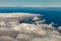 Panoramic view to Puerto de la Cruz and Orotava valley. Above wight fluffy clouds, clear blue sky and small part of La Palma Royalty Free Stock Photo