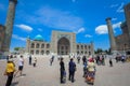 Panoramic View to the Registan square under the Sunlight in Samarkand Royalty Free Stock Photo