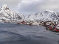 Panoramic view to reinefjorden with mountains on background Royalty Free Stock Photo