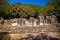 Panoramic view to Remains of the baptistery ruins of ancient town of Butrint , Sarande, Albania