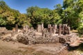 Panoramic view to Remains of the baptistery ruins of ancient town of Butrint , Sarande, Albania