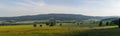 Panoramic view to rural czech landscape with wheat field, hill Klet and trees at sunset