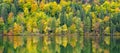 panoramic view to rural landscape with vibrant colored leaves on trees with reflection in lake.