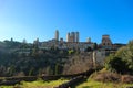 Panoramic view to San Gimignano old town with medieval towers at winter sunny day, Tuscany, Italy Royalty Free Stock Photo