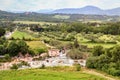 Panoramic view to Saturnia spa town with hot spring and waterfall at Cascate del Mulino