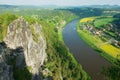 Panoramic view to Saxon Switzerland from Bastei in Rathen, Germany. Royalty Free Stock Photo