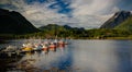 Panoramic view to Sildpollnes village and Urvika fjord at Austvagoy Island, Lofoten, Norway Royalty Free Stock Photo