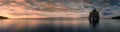 Panoramic view to sunset at the Hvitserkur basalt stack in northern Iceland