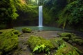 Panoramic view to waterfall in rainforest. Tropical landscape. Adventure and travel concept. Nature background. Slow shutter speed Royalty Free Stock Photo