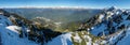 Panoramic view from the top of the Aibga mountain range to the ski resort Rosa Khutor. The valley is surrounded by high mountains