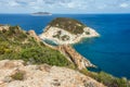 Panoramic view from the top of Chiaia di Luna beach in the Ponza island, Lazio, Italy. The beach is closed to tourists, due to Royalty Free Stock Photo