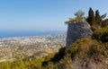 Panoramic view from top of cliff on sea, villages with houses in farmland, Rhodes Island in Greece Royalty Free Stock Photo