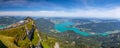 panoramic view from the top of Mount Schafberg over the landscape with mountains and Lake Mondsee, Alps, Austria