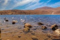 Panoramic view from the top of the mountains in Mexico, the view is incredible, the lake in the middle of the crater due to the