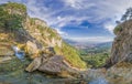 Panoramic view from top of the Uchan-su waterfall, that falls from the high rock mountain Ah-Petri in Crimea near Yalta. The Royalty Free Stock Photo