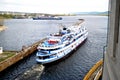 Panoramic view of the tourist motor ship sailing along the navigable canal after passing through the locks