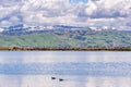 Panoramic view towards green hills and snowy mountains on a cold winter day taken from the shores of a pond in south San Francisco Royalty Free Stock Photo