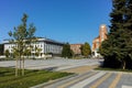 Panoramic view of Town Hall and Fountain in the center of Pleven, Bulgaria