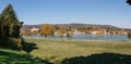 Panoramic view of the town of Persenbeug from the opposite bank of the Danube river. Persenbeug, Lower Austria. Royalty Free Stock Photo