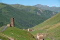 Panoramic view on traditional ancient Svan towers and surrounding hills in Ushguli, Svaneti, Georgia