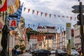 Panoramic view of traditional colorful gothic houses in Old Town, Landshut, Bavaria, Germany.