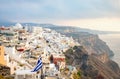 Panoramic view Traditional famous white houses and churches in Thira town on Santorini island, Greece Royalty Free Stock Photo