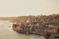 Panoramic view of traditional rabelo boats with barrels of Port wine on the Douro river, Ribeira and Dom Luis I or Luiz I iron Royalty Free Stock Photo