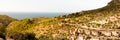 Panoramic view of Tramuntana mountains with the sea in background, from Deia in Majorca, Spain Royalty Free Stock Photo