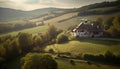 Panoramic view of tranquil rural landscape at dusk generated by AI