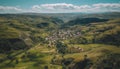 Panoramic view of tranquil rural mountain landscape generated by AI