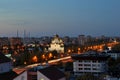 A panoramic view of the Transfiguration Cathedral and Yubileinaya Street in the city of Togliatti in the evening twilight