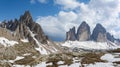 Panoramic view of Tre Cime di Lavaredo and Mount Paterno. Dolomites, Italy Royalty Free Stock Photo