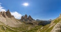 Panoramic view of Tre Cime di Lavaredo under midday sun with tourist trails. Italian Dolomites.