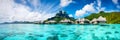 Panoramic view of a tropical beach with bungalows on the sea, illustrator ai generative