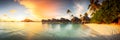 Panoramic view of a tropical beach with bungalows at sunset, illustrator ai generative