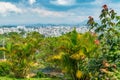 Panoramic view of tropical green palms and old city in Vietnam