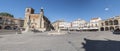 Panoramic view of Trujillo main square. Church of San Martin and statue of Francisco Pisarro (Trujillo, Caceres, Spain