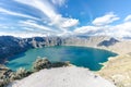 panoramic view of the turquoise colored crater lake on a sunny day in the Quilotoa lake in Ecuador