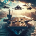 Panoramic view of a typical military aircraft carrier with fighter jets taking off. Generated AI