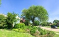 Panoramic view typical Texas residential neighborhood with single story house, sidewalk and green lawn