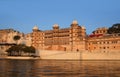 Panoramic view of the Udaipur City Palace Complex from lake Pichola in Rajasthan, India Royalty Free Stock Photo