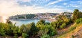 Panoramic view of Ulcinj at sunset, medieval mediterranean town, popular summer tourist resort in Montenegro Royalty Free Stock Photo