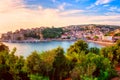 Panoramic view of Ulcinj at sunset, medieval mediterranean town, popular summer tourist resort in Montenegro Royalty Free Stock Photo