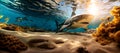 panoramic view of underwater view of shark swimming in a caribbean beach at sunset