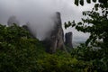 Meteora - Panoramic view of unique rock formations near Holy Monastery of Varlaam  on cloudy foggy day in Kalambaka, Meteora Royalty Free Stock Photo