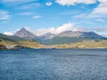 View of Ushuaia and Terra del Fuego mountains from Beagle Channel, Argentina Royalty Free Stock Photo