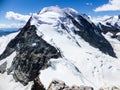 Panoramic view of the Val Poschiavo and Piz Palu in the Bernina mountains as seen from the summit of Piz Cambrena