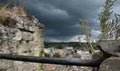 Panoramic view from Valkenburg Castle with dark clouds