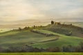 Panoramic view of valley Val D`Orcia on sunrise. Tuscany, Italy Royalty Free Stock Photo