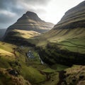Panoramic view of the valley and the village of Kirkjufell in Iceland